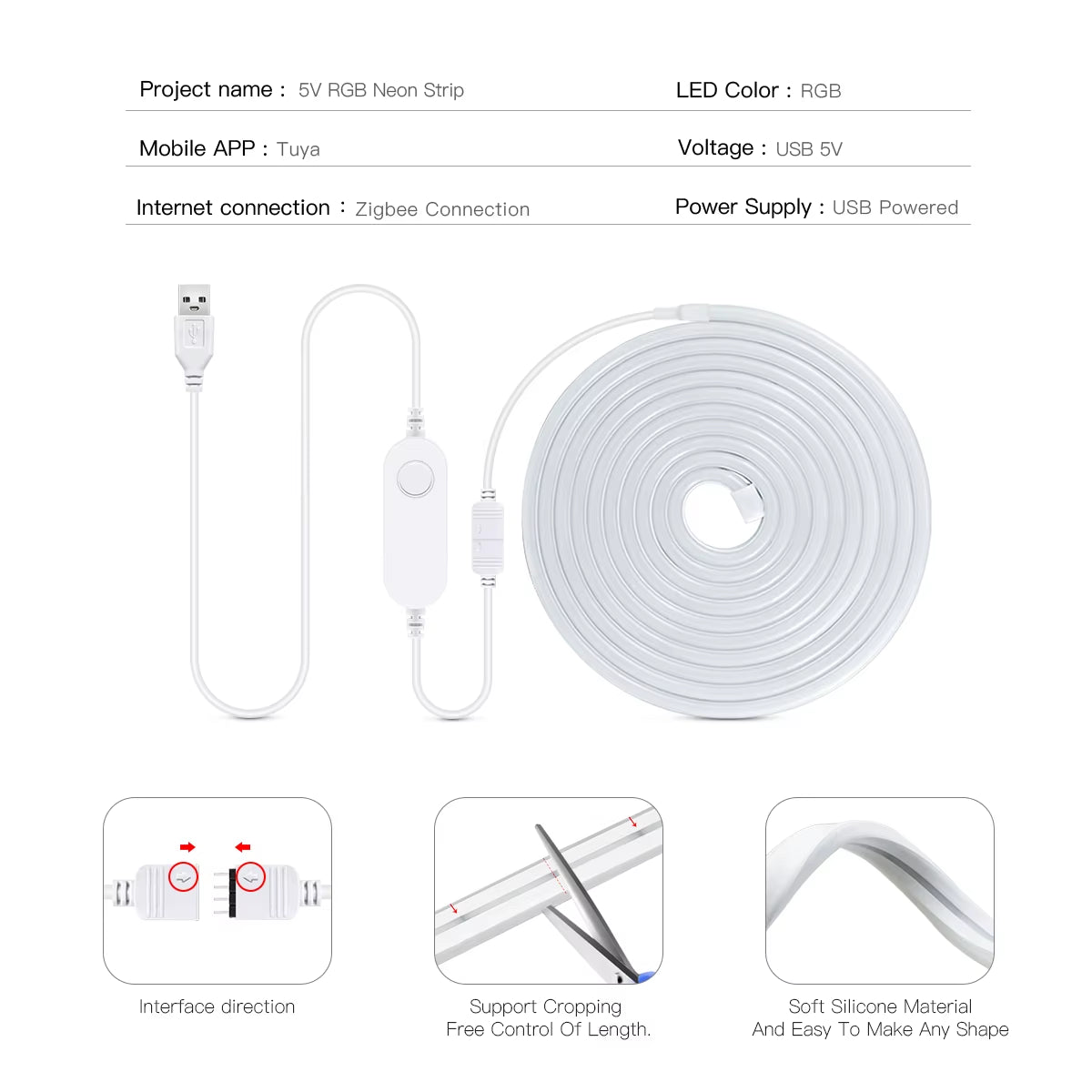 Zigbee 5V RGB LED Strip Lights Tuya Alexa Wifi USB Waterproof Neon LED Tape with Dimmable Smart Dimmer Controller Kitchen Decor