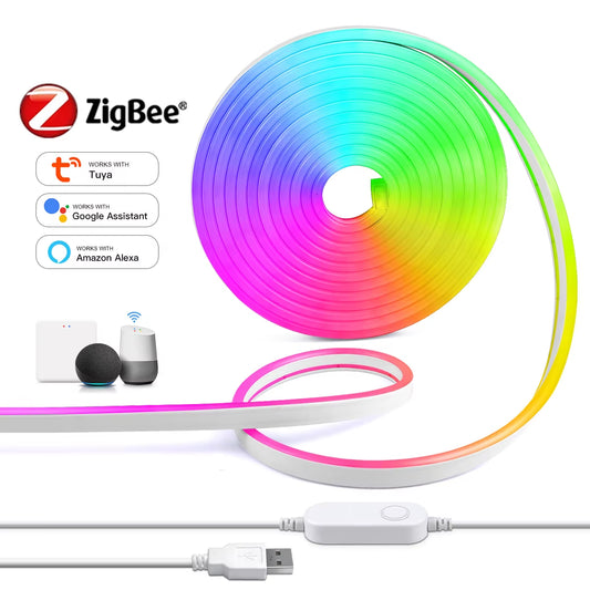 Zigbee 5V RGB LED Strip Lights Tuya Alexa Wifi USB Waterproof Neon LED Tape with Dimmable Smart Dimmer Controller Kitchen Decor